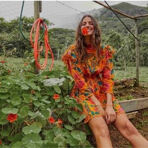 Farm Rio Flowerdoscopic Cotton Ruffle High Neck Floral Mini Dress Yellow Size XS